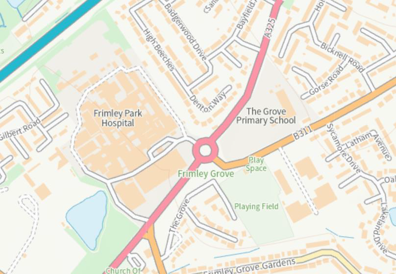 Map with the stretch of the A325 immediately outside Frimley Park highlighted
