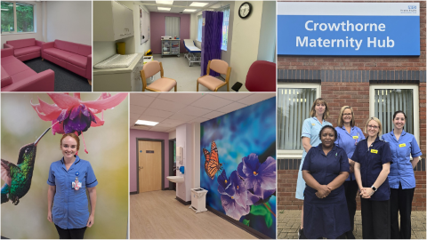 Montage of photos- staff outside the hub, rooms with clinical furniture and brightly coloured graphics on the wall, a waiting area with sofas, a staff member in front of one of the wall graphics of a hummingbird.