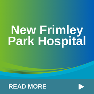 Text reads "New Frimley Park Hospital" on a light green and blue gradient background with a teal button displaying "read more".