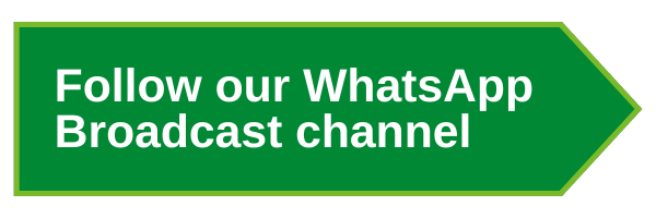 Green arrow graphic with text that reads "Follow our WhatsApp Broadcast channel"