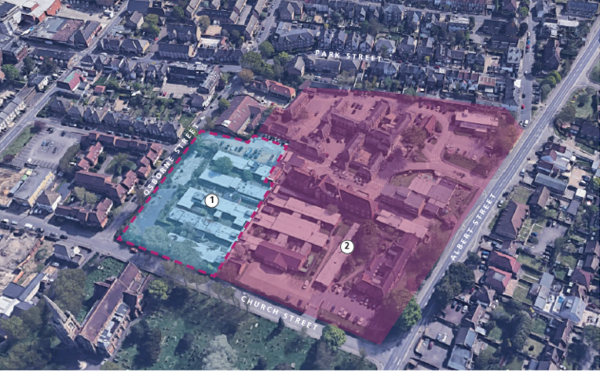 Aerial view of proposed CDC site listed as 1 and in a light blue box next to the rest of the Upton Hospital site listed as 2 and in a pink box