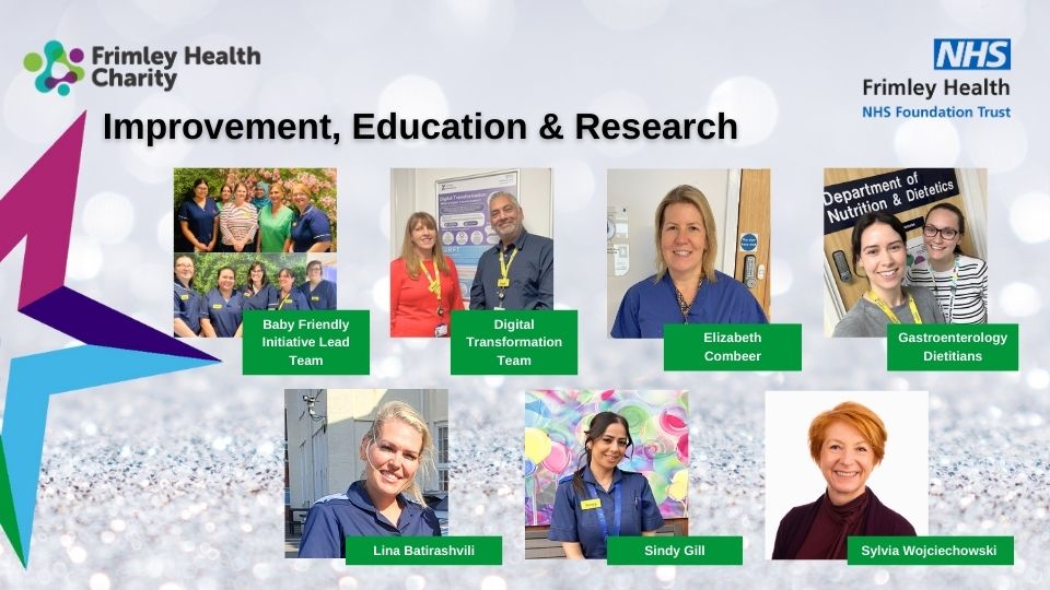 Improvement, education and research finalists: Baby friendly initiative lead team, Digital transformation team, Elizabeth Combeer, Gastroenterology dietitians, Lina Batirashvili, Sindy Gill, Sylvia Wojciechowski