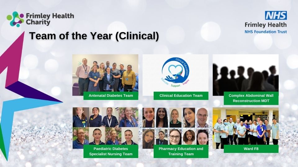 Team of the year (clinical) finalists: Antenatal diabetes team, Clinical education team, Complex abdominal wall reconstruction MDT, Paediatric diabetes specialist nursing team, Pharmacy education and training team, Ward F8