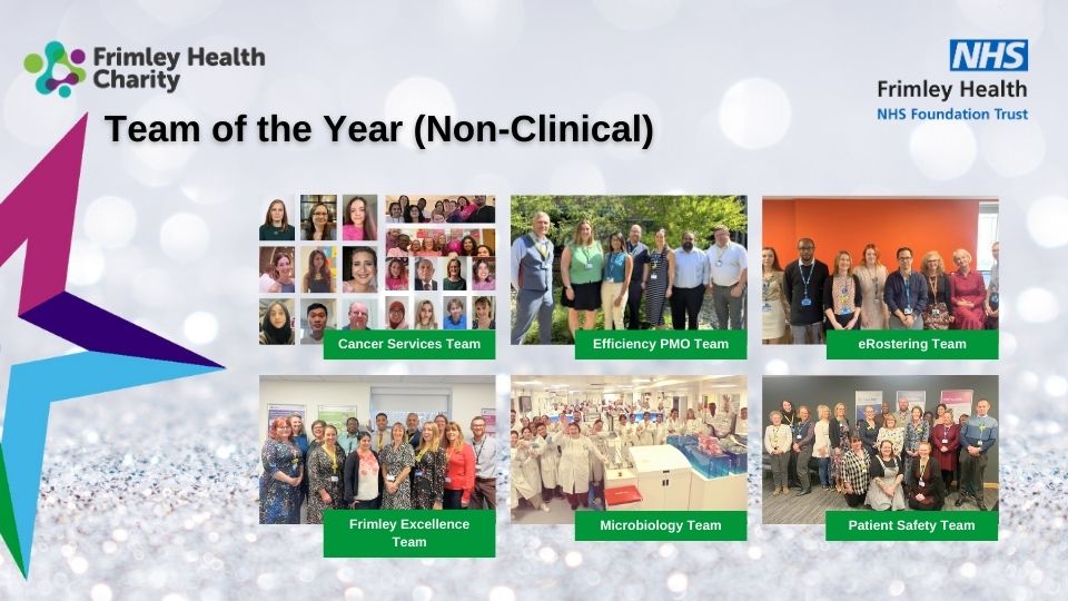 Team of the year (non-clinical) finalists: Cancer services team, Efficiency PMO team, eRostering team, Frimley Excellence team, Microbiology team, Patient safety team